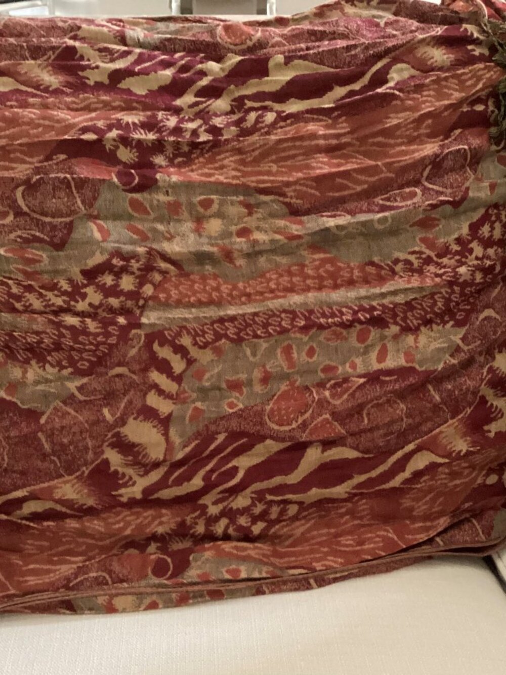 Large red and tan shawl scarf wrap with fringe  (28" x 68")